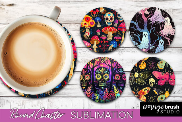 Neon Halloween Coasters - Spooky Round Coaster Sublimation Sublimation OrangeBrushStudio 