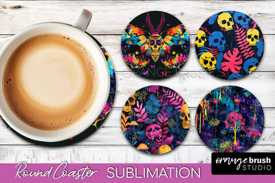 Neon Halloween Coasters - Spooky Round Coaster Sublimation Sublimation OrangeBrushStudio 