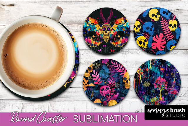 Neon Halloween Coasters - Spooky Round Coaster Sublimation Sublimation OrangeBrushStudio 