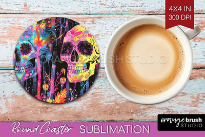 Neon Halloween Coasters - Spooky Round Coaster Sublimation Sublimation OrangeBrushStudio 