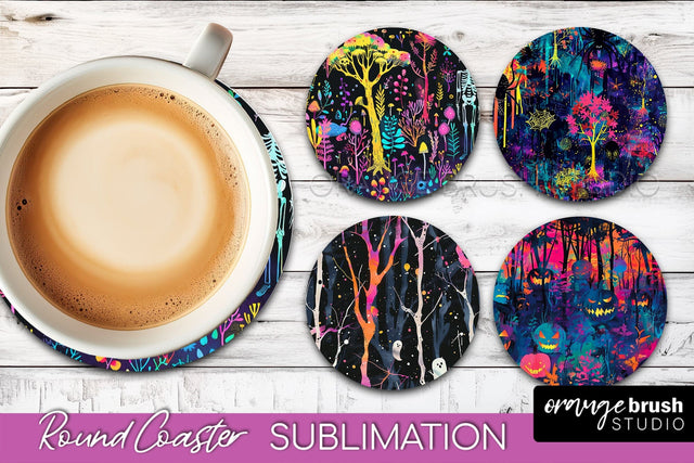 Neon Halloween Coasters - Spooky Round Coaster Sublimation Sublimation OrangeBrushStudio 