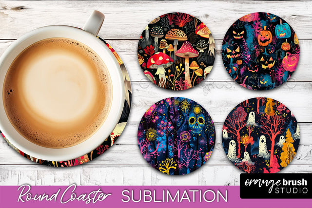 Neon Halloween Coasters - Spooky Round Coaster Sublimation Sublimation OrangeBrushStudio 