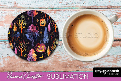 Neon Halloween Coasters - Spooky Round Coaster Sublimation Sublimation OrangeBrushStudio 