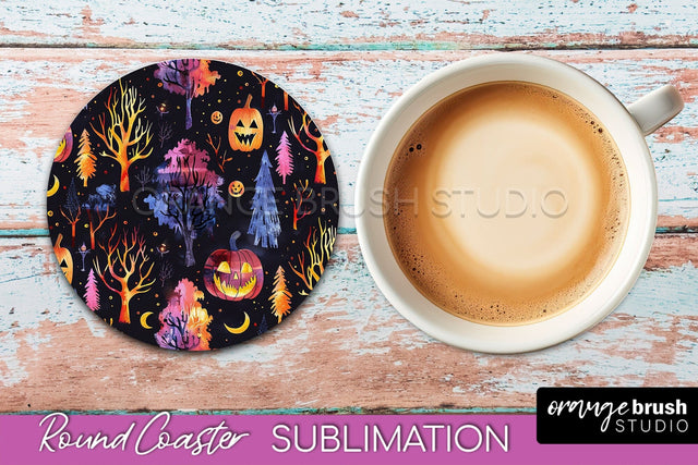 Neon Halloween Coasters - Spooky Round Coaster Sublimation Sublimation OrangeBrushStudio 
