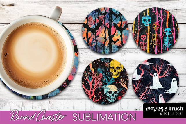 Neon Halloween Coasters - Spooky Round Coaster Sublimation Sublimation OrangeBrushStudio 