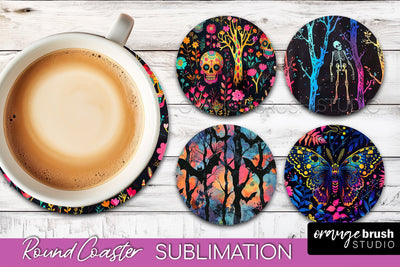 Neon Halloween Coasters - Spooky Round Coaster Sublimation Sublimation OrangeBrushStudio 