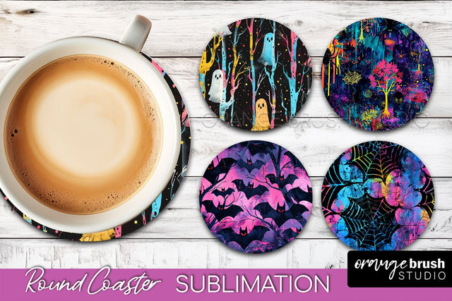 Neon Halloween Coasters - Spooky Round Coaster Sublimation Sublimation OrangeBrushStudio 