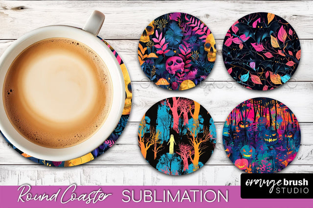 Neon Halloween Coasters - Spooky Round Coaster Sublimation Sublimation OrangeBrushStudio 