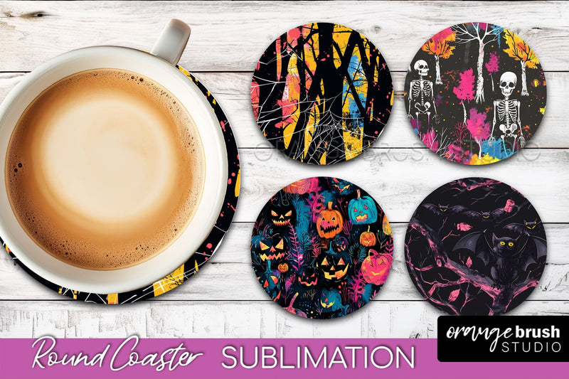 Neon Halloween Coasters - Spooky Round Coaster Sublimation Sublimation OrangeBrushStudio 