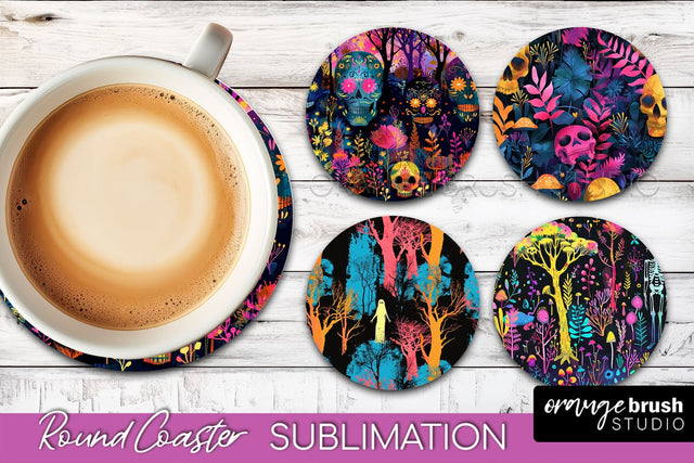 Neon Halloween Coasters - Spooky Round Coaster Sublimation Sublimation OrangeBrushStudio 