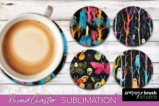 Neon Halloween Coasters - Spooky Round Coaster Sublimation Sublimation OrangeBrushStudio 
