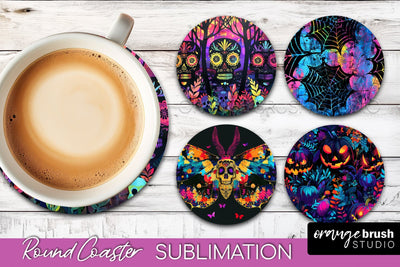 Neon Halloween Coasters - Spooky Round Coaster Sublimation Sublimation OrangeBrushStudio 