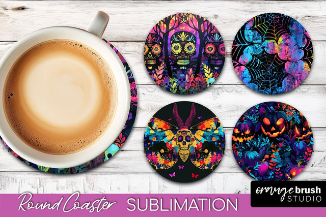 Neon Halloween Coasters - Spooky Round Coaster Sublimation Sublimation OrangeBrushStudio 