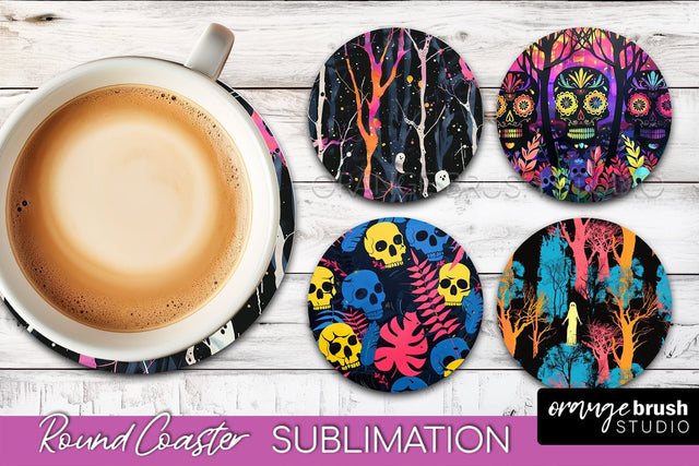 Neon Halloween Coasters - Spooky Round Coaster Sublimation Sublimation OrangeBrushStudio 