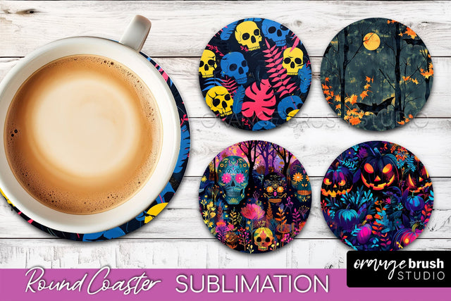 Neon Halloween Coasters - Spooky Round Coaster Sublimation Sublimation OrangeBrushStudio 