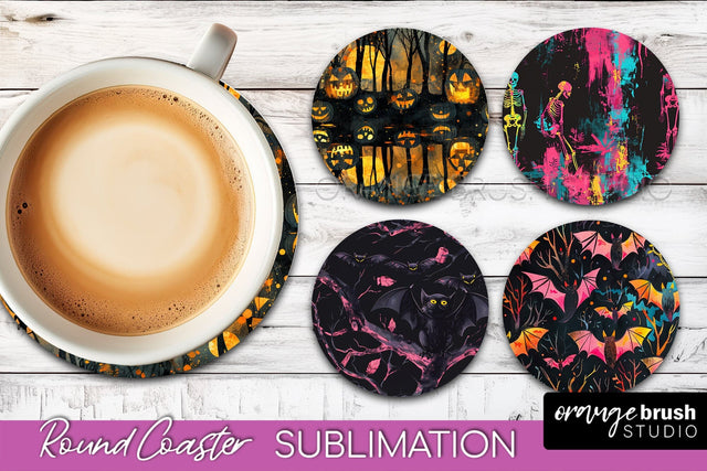 Neon Halloween Coasters - Spooky Round Coaster Sublimation Sublimation OrangeBrushStudio 