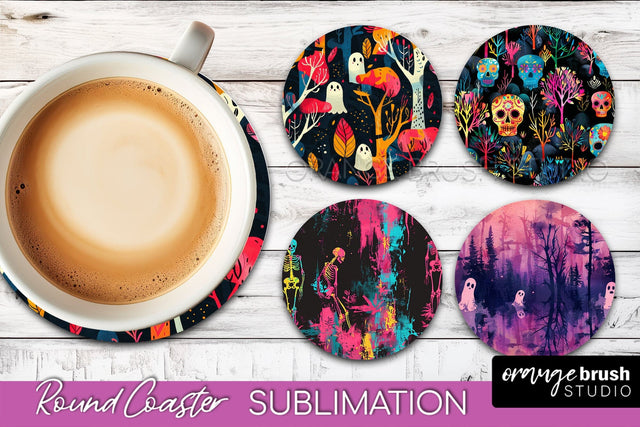 Neon Halloween Coasters - Spooky Round Coaster Sublimation Sublimation OrangeBrushStudio 