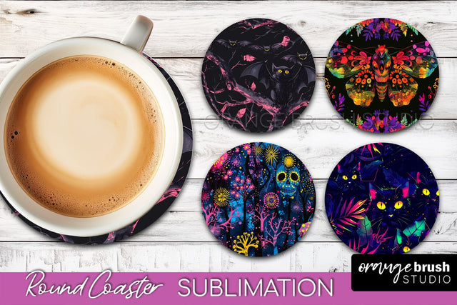 Neon Halloween Coasters - Spooky Round Coaster Sublimation Sublimation OrangeBrushStudio 