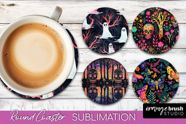 Neon Halloween Coasters - Spooky Round Coaster Sublimation Sublimation OrangeBrushStudio 