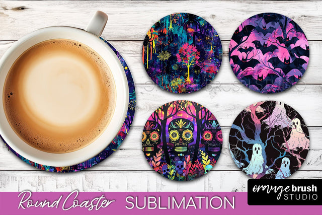 Neon Halloween Coasters - Spooky Round Coaster Sublimation Sublimation OrangeBrushStudio 