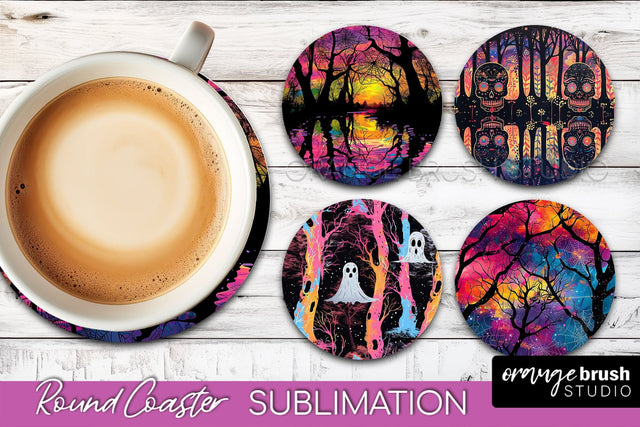 Neon Halloween Coasters - Spooky Round Coaster Sublimation Sublimation OrangeBrushStudio 