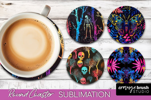 Neon Halloween Coasters - Spooky Round Coaster Sublimation Sublimation OrangeBrushStudio 