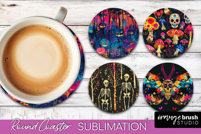 Neon Halloween Coasters - Spooky Round Coaster Sublimation Sublimation OrangeBrushStudio 