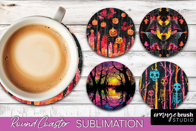 Neon Halloween Coasters - Spooky Round Coaster Sublimation Sublimation OrangeBrushStudio 