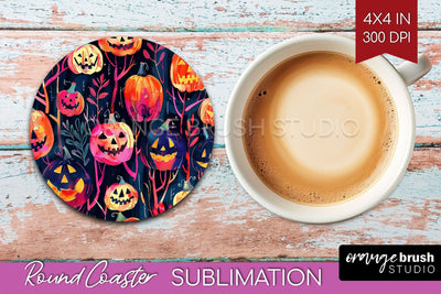 Neon Halloween Coasters - Spooky Round Coaster Sublimation Sublimation OrangeBrushStudio 