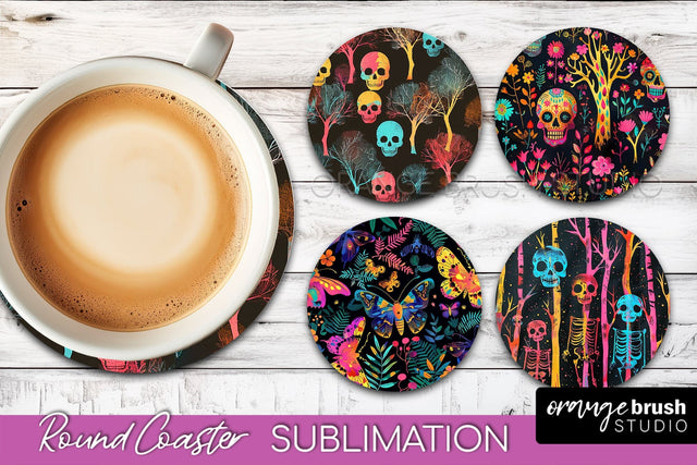 Neon Halloween Coasters - Spooky Round Coaster Sublimation Sublimation OrangeBrushStudio 