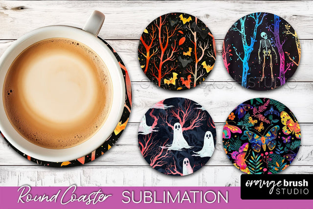 Neon Halloween Coasters - Spooky Round Coaster Sublimation Sublimation OrangeBrushStudio 