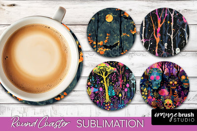 Neon Halloween Coasters - Spooky Round Coaster Sublimation Sublimation OrangeBrushStudio 