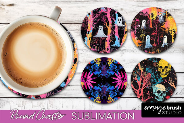 Neon Halloween Coasters - Spooky Round Coaster Sublimation Sublimation OrangeBrushStudio 