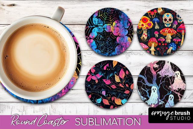 Neon Halloween Coasters - Spooky Round Coaster Sublimation Sublimation OrangeBrushStudio 