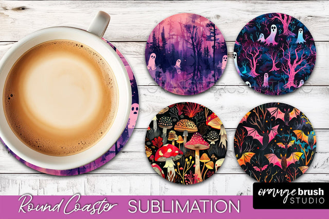 Neon Halloween Coasters - Spooky Round Coaster Sublimation Sublimation OrangeBrushStudio 