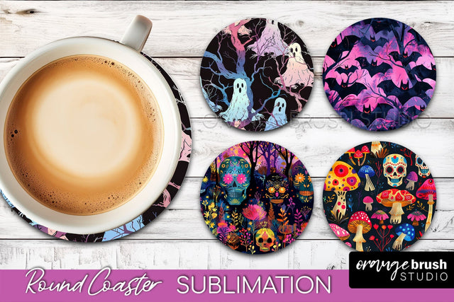 Neon Halloween Coasters - Spooky Round Coaster Sublimation Sublimation OrangeBrushStudio 