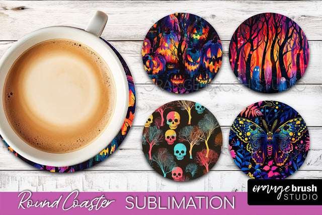 Neon Halloween Coasters - Spooky Round Coaster Sublimation Sublimation OrangeBrushStudio 