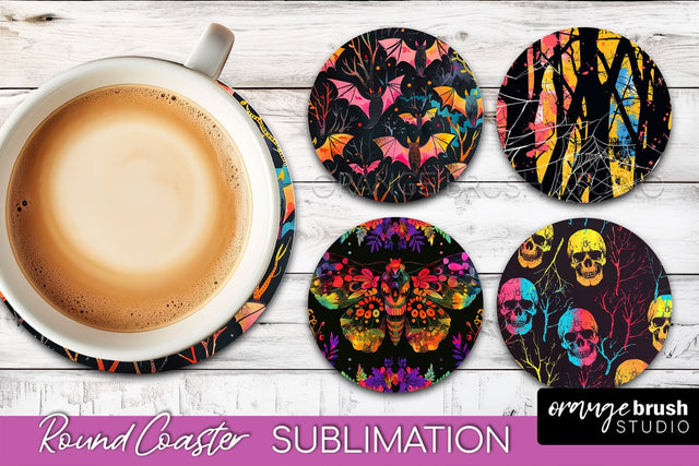 Neon Halloween Coasters - Spooky Round Coaster Sublimation Sublimation OrangeBrushStudio 