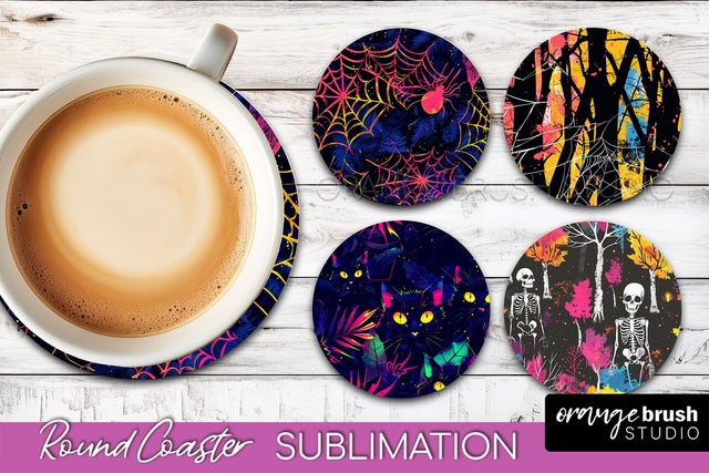 Neon Halloween Coasters - Spooky Round Coaster Sublimation Sublimation OrangeBrushStudio 