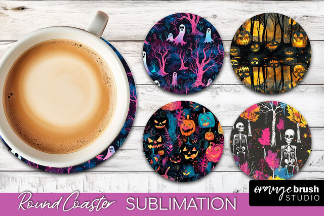 Neon Halloween Coasters - Spooky Round Coaster Sublimation Sublimation OrangeBrushStudio 