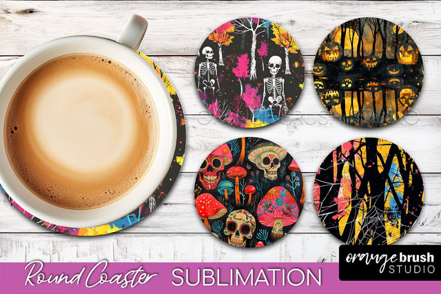 Neon Halloween Coasters - Spooky Round Coaster Sublimation Sublimation OrangeBrushStudio 