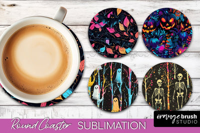 Neon Halloween Coasters - Spooky Round Coaster Sublimation Sublimation OrangeBrushStudio 