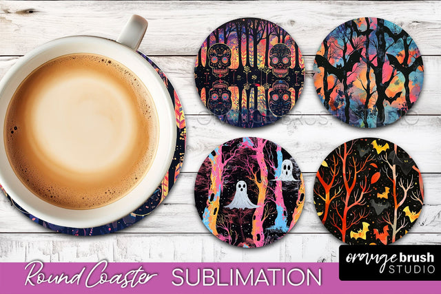 Neon Halloween Coasters - Spooky Round Coaster Sublimation Sublimation OrangeBrushStudio 