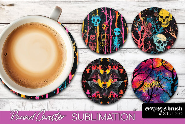 Neon Halloween Coasters - Spooky Round Coaster Sublimation Sublimation OrangeBrushStudio 