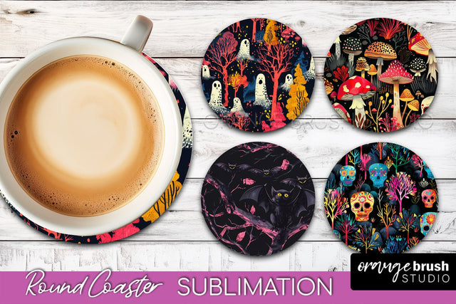 Neon Halloween Coasters - Spooky Round Coaster Sublimation Sublimation OrangeBrushStudio 