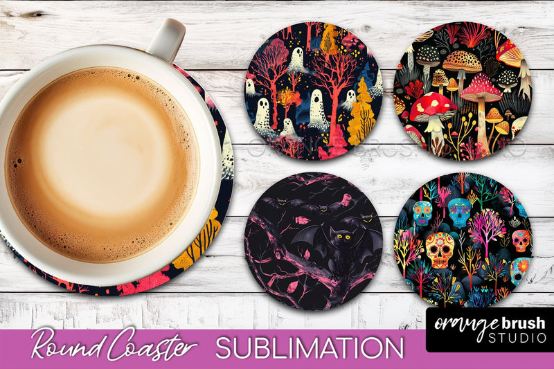 Neon Halloween Coasters - Spooky Round Coaster Sublimation Sublimation OrangeBrushStudio 