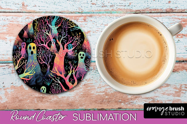 Neon Halloween Coasters - Spooky Round Coaster Sublimation Sublimation OrangeBrushStudio 