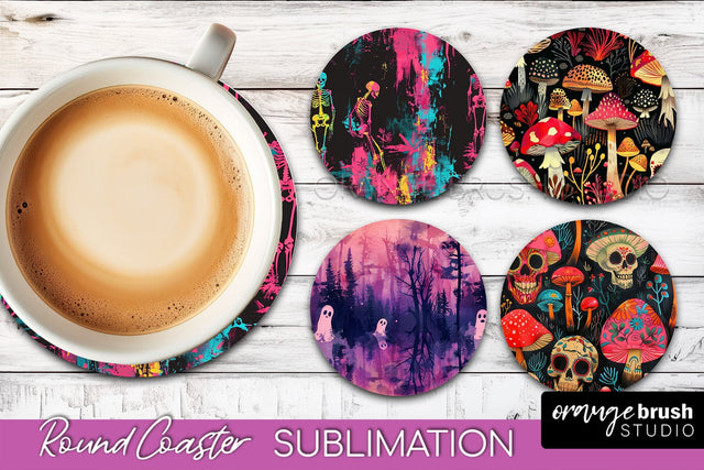 Neon Halloween Coasters - Spooky Round Coaster Sublimation Sublimation OrangeBrushStudio 