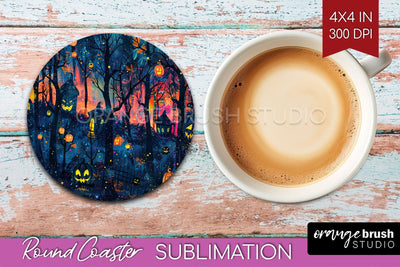 Neon Halloween Coasters - Spooky Round Coaster Sublimation Sublimation OrangeBrushStudio 
