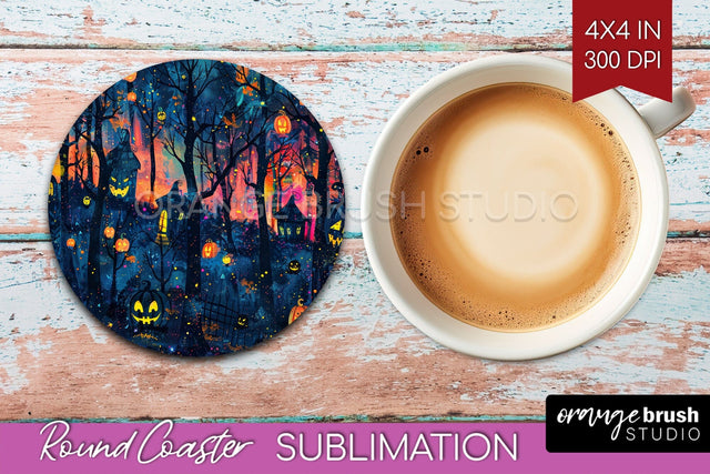 Neon Halloween Coasters - Spooky Round Coaster Sublimation Sublimation OrangeBrushStudio 